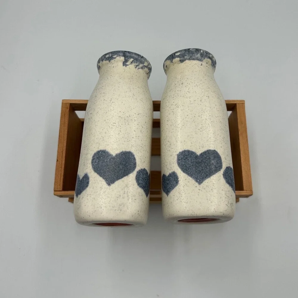 MN Wild Blue Heart Milk Bottle Salt and Pepper Shakers with Crate Cottge Core